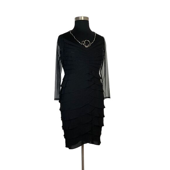 Adrianna Papell 14W 1X Black Dress Evening Wiggle Bodycon Long Sleeve Mesh Sheer - Picture 1 of 12